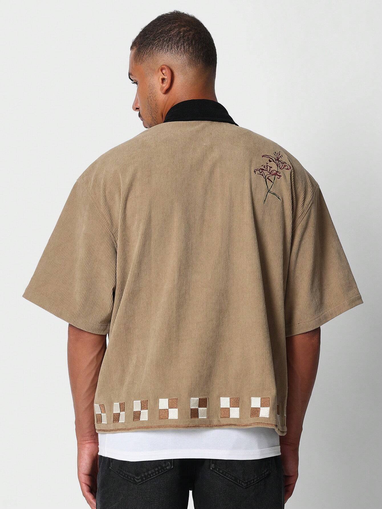Boxy Fit Zip Through Corduroy Shirt With Graphic Print