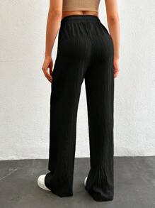 SHEIN Tall Tall Women's Solid Color Long Waist Drawstring Pants - Black - View 2