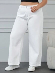 SHEIN Cottnline Talla grande Jeans de pierna recta - Blanco - View 1