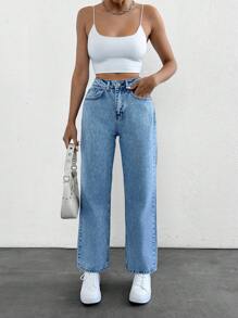 SHEIN PETITE 斜口袋直筒牛仔褲，小碼女款 - 淺色水洗藍 - 查看 5
