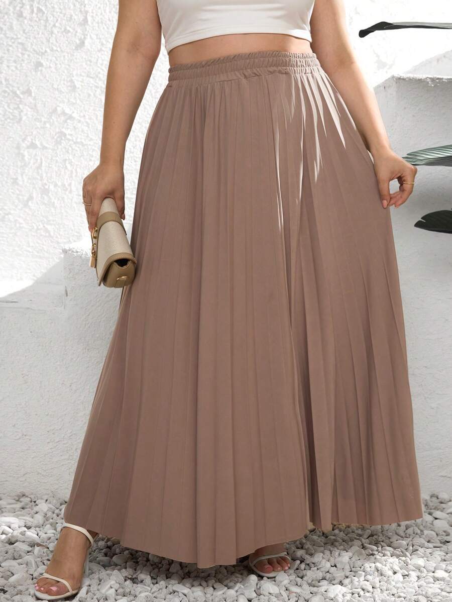 SHEIN Cottnline Plus Váy xếp li lưng thun chắc chắn - màu nâu - Xem 1