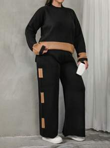 EURMUSE Conjunto de dos piezas de suéter de punto a color para mujer talla grande, para el invierno - Negro - Ver 4
