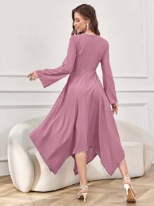 Modelyn 女士纯色简约日常长袖系带阿拉伯连衣裙 - 粉色 - 查看 4