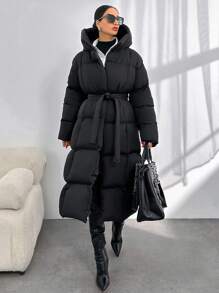 EURMUSE Long Puffer Coat With Hoodie - Black - View 6