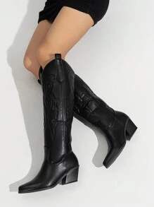 Ideal para ropa de otoño, botas altas hasta la rodilla con puntera puntiaguda y bordado estilo occidental para mujer, de PU, tacón grueso y medio, cálidas en invierno, color negro