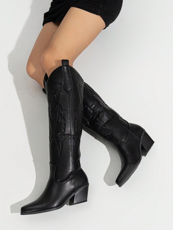 Ideal para ropa de otoño, botas altas hasta la rodilla con puntera puntiaguda y bordado estilo occidental para mujer, de PU, tacón grueso y medio, cálidas en invierno, color negro