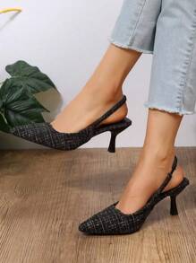 Giày cao gót màu đen thanh lịch cho nữ, giày cao gót mũi nhọn bằng vải Tweed họa tiết kẻ sọc - màu đen - Xem 6