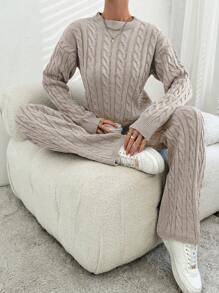 EURMUSE Cable Knit Drop Shoulder Sweater & Knit Pants - Apricot - View 5