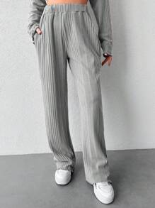 SHEIN Cottnline Ladies' Ribbed Knit Straight Leg Pants - Grey - View 5