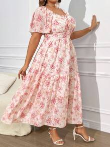 Franclia Plus Size Floral Printed Sweetheart Neckline Dress With Pleats, Ruffles Hemline And Short Sleeves, Summer