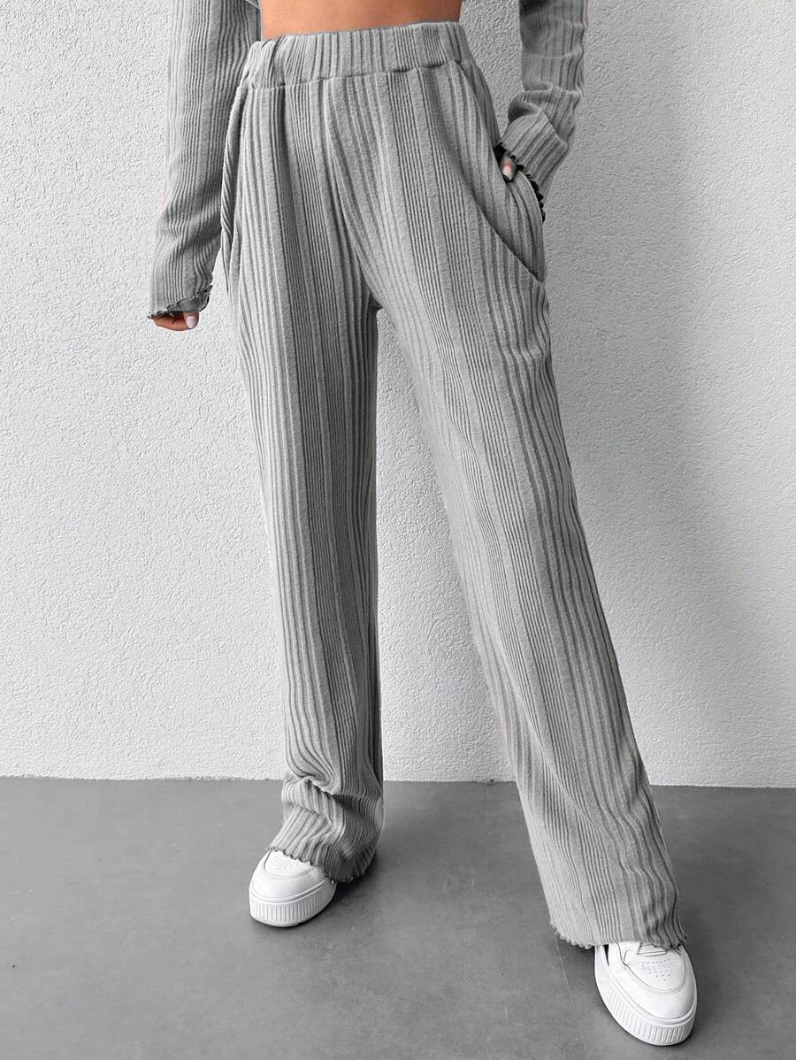 SHEIN Cottnline Ladies' Ribbed Knit Straight Leg Pants - Grey - View 1