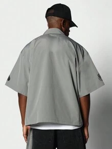 SUMWON Boxy Fit Zip Through Nylon Colour Block Shirt With Number Graphic Print - Grey - View 2