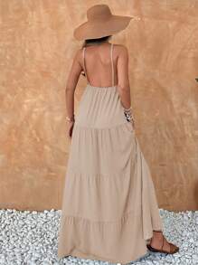 EURMUSE Dark Green  Long Dress - Beige - View 3