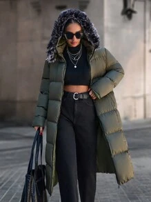 RueChic معطف شتوي طويل مبطن بوبر وهودي من الفرو الصناعي للنساء - كاكي - مشاهدة 1