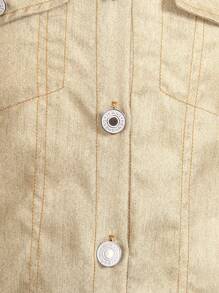 SHEIN Girls Back To School Casual Denim Effect & Solid Color Button Decor Contrast Stitching Shirt Dress, Street Fashion