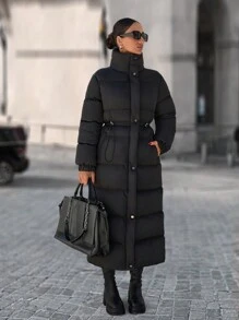 EURMUSE Zip Up Drawstring Waist Long Puffer Coat - Black - View 5