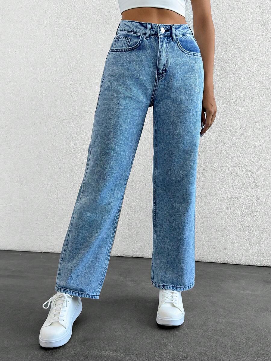 SHEIN PETITE 斜口袋直筒牛仔褲,小碼女款 - 淺色水洗藍 - 查看 1