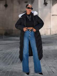 EURMUSE Long Zip Up Puffer Coat With Fur Hoodie - Black - View 4