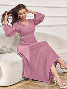 Modelyn 女士纯色简约日常长袖系带阿拉伯连衣裙 - 粉色 - 查看 7