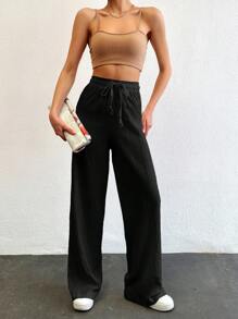 SHEIN Tall Tall Women's Solid Color Long Waist Drawstring Pants - Black - View 6