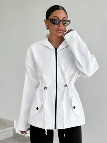 Women's Solid Color Simple Daily Hooded White Rain Jacket
