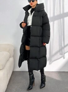 EURMUSE Long Puffer Coat With Hoodie - Black - View 4