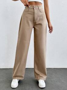 SHEIN PETITE Solid Color Zipper Fly Denim Jeans ,Petite Women - Khaki - View 4
