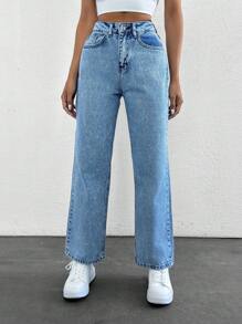 SHEIN PETITE 斜口袋直筒牛仔褲，小碼女款 - 淺色水洗藍 - 查看 4