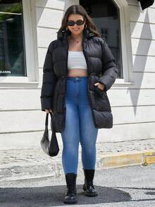 EURMUSE Plus Zipper Hooded Puffer Adjustable Waist Coat - Black - View 7