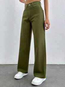 SHEIN PETITE Women'S Solid Color Wide Leg Jeans - Army Green - View 4
