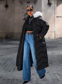 EURMUSE Long Zip Up Puffer Coat With Fur Hoodie - Black - View 6