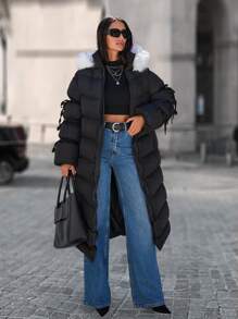 SHEIN Cottnline Special Design Long Puffer Coat With Fur Hoodie - Black - View 4