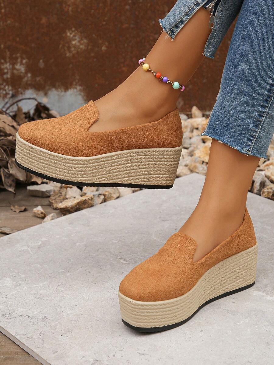 Plus Size 35-42 Giày đế xuồng màu nâu giản dị mới Giày cao gót mặc ngoài trời Dây đế bằng da lộn chống nước Giày đế xuồng nữ & Giày đế dày cho mùa xuân và mùa thu - màu nâu - Xem 1
