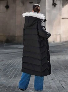 EURMUSE Long Zip Up Puffer Coat With Fur Hoodie - Black - View 2
