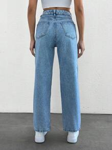 SHEIN PETITE 斜口袋直筒牛仔褲，小碼女款 - 淺色水洗藍 - 查看 2