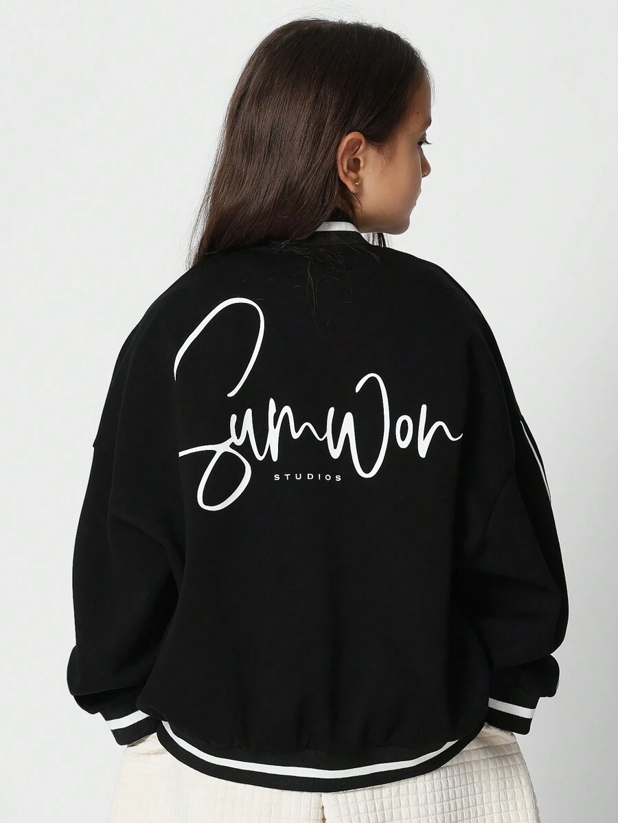 SUMWON 校队夹克高中队棒球飞行员运动衫休闲外套复古学院运动字母优质秋冬春季运动 - 黑色 - 查看 1