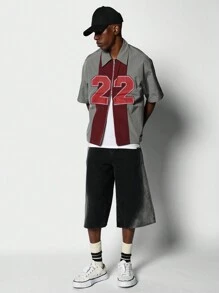 SUMWON Boxy Fit Zip Through Nylon Colour Block Shirt With Number Graphic Print - Grey - View 5