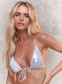 MISSGUIDED Bikini Top thắt nút kim loại lấp lánh kèm quần bikini cạp cao mùa hè - Bạc - Xem 3