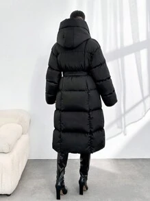 EURMUSE Long Puffer Coat With Hoodie - Black - View 2