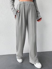 SHEIN Cottnline Ladies' Ribbed Knit Straight Leg Pants - Grey - View 4