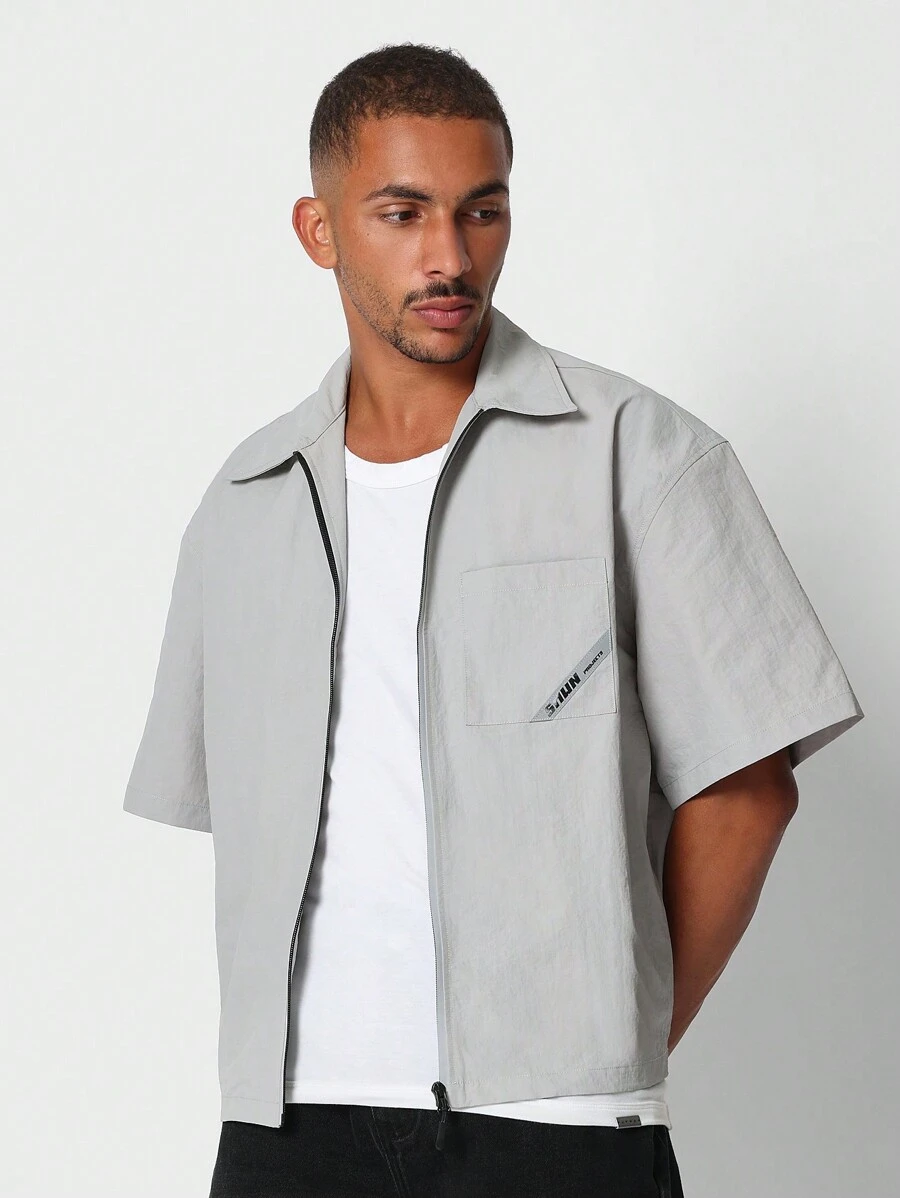 SUMWON 短款拉链防撕裂纹理衬衫 - 灰色 - 查看 1
