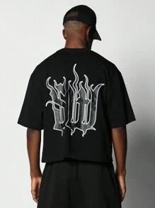 SUMWON Crop Fit Tee With Back Flame Logo Graphic Print - Black - View 1