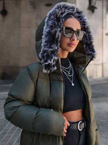 RueChic معطف شتوي طويل مبطن بوبر وهودي من الفرو الصناعي للنساء - كاكي - مشاهدة 3