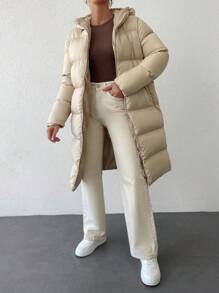 RueChic Zip Up Hooded Puffer Coat - Beige - View 5