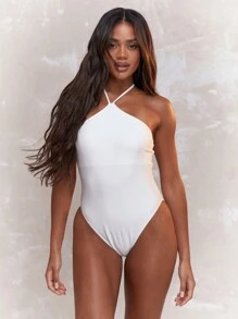 MISSGUIDED Pearl Beads Detail Halter Neck High Leg One Piece Swimsuit - White - View 1