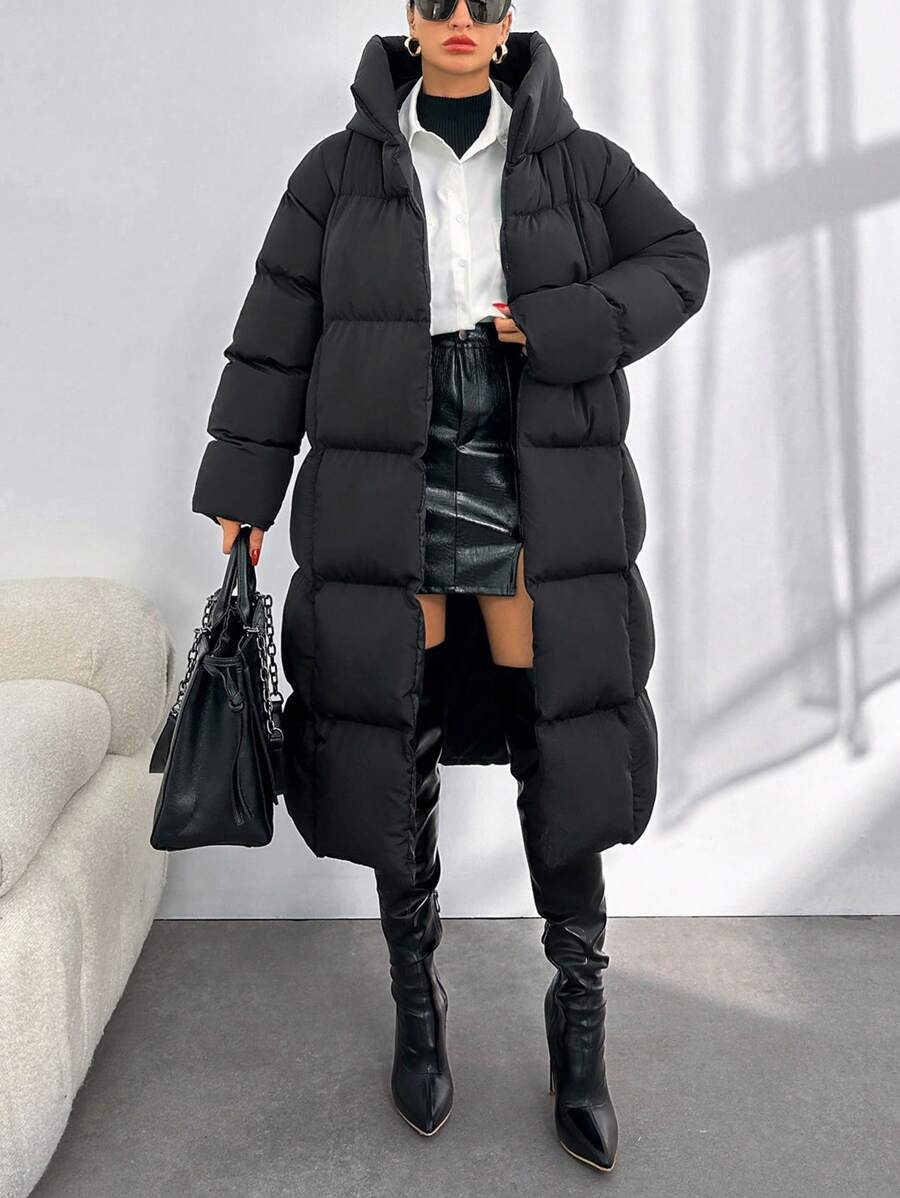 EURMUSE Long Puffer Coat With Hoodie - Black - View 1