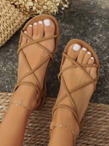 Sandal đế bằng cỡ lớn, thanh lịch, thoải mái, màu nâu, thích hợp cho nữ mùa hè. - màu nâu - Xem 4