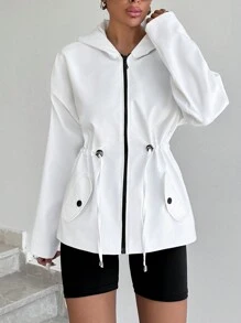 Women's Solid Color Simple Daily Hooded White Rain Jacket