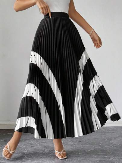 Firerie Women's Elegant Black And White Striped Pleated A-Line Skirt For Summer,Business Daily Commute,Brunch,Music Festival,Graduation & Homecoming Parties