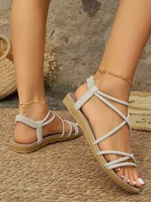 2024 Women's New Summer Elegant & Comfortable Striped Plus-Size Flat Sandals, Beige,Beach Outfits - Beige - View 6